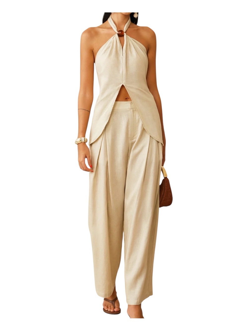 NWT Commense 2 pc Cream Halter Pantsuit with Wide-Leg Pants Sz L